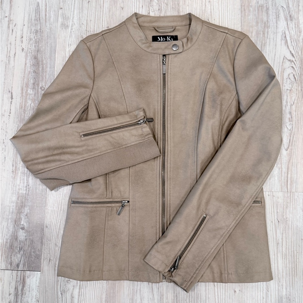 Tan faux Leather Jacket with Tailored Silhouette and Standing Collar
